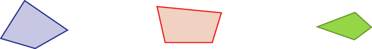 Figuras geométricas. Representação de três quadriláteros, um azul, um vermelho e um verde, que não tem nenhum par de lados paralelos.