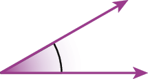 Figura geométrica. Duas semirretas roxas. Uma semirreta com inclinação para direita e outra na horizontal para direita. A região interna limitada por estas duas semirretas, está destacada em roxo e tem um arco identificando um ângulo.