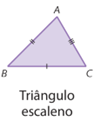 Figura geométrica. Triângulo roxo ABC, um lado com um tracinho, outro lado com dois tracinhos e o terceiro lado com três tracinhos. legenda: triângulo escaleno
