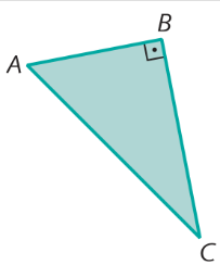 Figura geométrica. Triângulo retângulo verde ABC com símbolo indicando um ângulo de 90 graus e dois outros dois sem indicação.