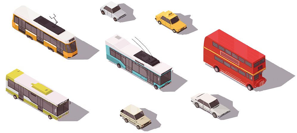 Ilustração. 4 ônibus e 4 carros. Os modelos e cores dos ônibus e carros são diferentes entre si.