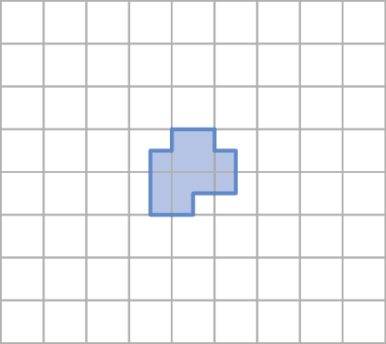 Figura geométrica. Malha quadriculada composta por 72 quadradinhos, sendo 8 fileiras com 9 quadradinhos cada. Na malha está representado decágono não regular que é redução da figura descrita na atividade 73.