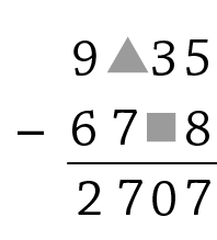Esquema. Algoritmo usual da subtração envolvendo números de 4 ordens. Na primeira linha, o número tem 5 como algarismo das unidades, 3 como algarismo das dezenas, triângulo como algarismo na posição do algarismo das centenas e 9 como algarismo das unidades de milhar. Abaixo, à esquerda, o sinal de subtração e à direita, um número que tem 8 como algarismo das unidades, quadrado como algarismo na posição do algarismo das dezenas, 7 como algarismo das centenas e 6 como algarismo das unidades de milhar. Abaixo, traço horizontal. Abaixo, 2 707