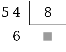 Esquema. Algoritmo da divisão. O dividendo é 54, o divisor é 8, há um quadradinho cinza ocultando o quociente e o resto é 6.