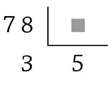 Esquema. Algoritmo da divisão. O dividendo é 78, há um quadradinho cinza ocultando o divisor, o quociente é 5 e o resto é 3.