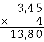 Algoritmo usual da multiplicação. 3 vírgula 45 vezes 4. Na primeira linha, 3 vírgula 45. Abaixo à esquerda sinal de multiplicação, à direita o número 4 alinhado a ordem dos centésimos de 3 vírgula 45. Abaixo traço horizontal. Abaixo, 13 vírgula 80 alinhado ordem a ordem com 3 vírgula 45.