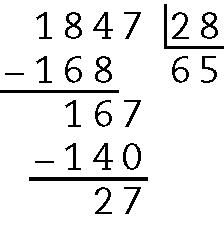 Algoritmo usual da divisão. 1 mil 847 dividido por 28. Na primeira linha, à esquerda o número 1 mil 847, à direita, na chave, o número 28. Abaixo, à esquerda sinal de subtração, à direita o número 168, alinhado aos algarismos da ordem das dezenas, centenas e unidade de milhar do número 1 mil 847. Abaixo da chave, o número 65. Abaixo, traço horizontal. Abaixo, o número 167, alinhado ordem a ordem com 1 mil 847. Abaixo, à esquerda sinal de subtração, à direita o número 140, alinhado ordem a ordem com 167. Abaixo, traço horizontal. Abaixo, 27.