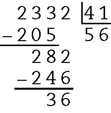 Algoritmo usual da divisão. 2 mil 332 dividido por 41. Na primeira linha, à esquerda o número 2 mil 332, à direita, na chave, o número 41. Abaixo, à esquerda sinal de subtração, à direita o número 205 alinhado aos algarismos da ordem das dezenas, centenas e unidade de milhar do número 2 mil 332. Abaixo da chave, o número 56. Abaixo, traço horizontal. Abaixo, o número 282 alinhado ordem a ordem com 2 mil 332. Abaixo, à esquerda sinal de subtração, à direita o número 246 alinhado ordem a ordem com 246. Abaixo, traço horizontal. Abaixo, o resto 36