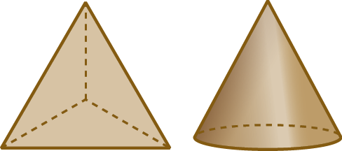 Figura geométrica. Pirâmide marrom de base triangular. Figura geométrica. Cone marrom.