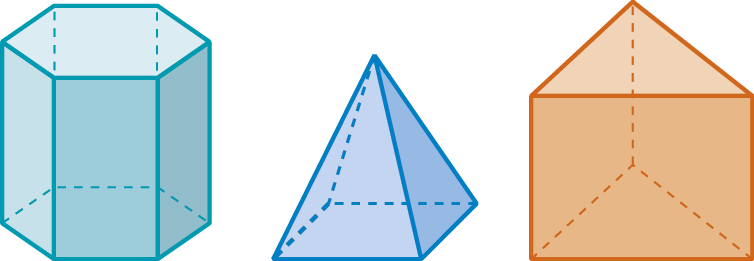 Figura geométrica. Prisma  azul de base hexagonal. Figura geométrica. Pirâmide  azul de base quadrada. Figura geométrica. Prisma  laranja de base triangular.