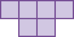 Figura geométrica. Figura roxa, formada por 6 quadrados idênticos.  4 deles estão lado a lado. Abaixo do segundo quadrado, da esquerda para a direita,  um quadrado. Abaixo do terceiro quadrado, outro quadrado.