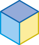 b) Figura geométrica. Representação de um modelo de cubo em que é possível visualizar 3 superfícies: superfície lateral esquerda azul claro, superfície lateral direita amarela e superfície superior azul escuro.