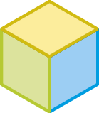 c) Figura geométrica. Representação de um modelo de cubo em que é possível visualizar 3 superfícies: superfície lateral esquerda verde, superfície lateral direita azul claro e superfície superior amarela.
