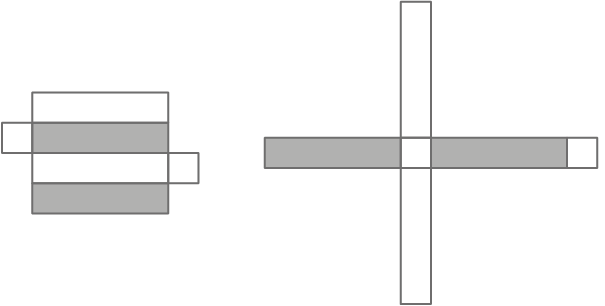Planificação da superfície de um paralelepípedo. Figura formada por 2 retângulos na cor cinza, 2 retângulos na cor branco e 2 quadrados na cor branco.  4 retângulos na vertical, de cima para baixo, nas cores: branco, cinza, branco e cinza. À esquerda do segundo retângulo tem-se um quadrado branco À direita do terceiro retângulo tem-se  outro quadrado branco. Planificação a superfície de um paralelepípedo. Figura formada por 2 retângulos cinza, 2 retângulos branco e dois quadrados branco. No centro da figura, tem-se um quadrado branco. À esquerda, um retângulo cinza. À direita, outro retângulo cinza. Abaixo, um retângulo branco. Acima, outro retângulo branco. À esquerda do retângulo cinza  à direita do quadrado, há outro quadrado branco.