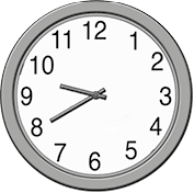 Ilustração. Relógio analógico marcando 9 horas e 40 minutos: ponteiro (menor) das horas marcando próximo do número 10 (entre 9 e 10), e ponteiro (maior) dos minutos mancando o número 8.