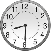 Ilustração. Relógio analógico marcando 8 horas e 30 minutos: ponteiro (menor) das horas marcando próximo do número 8 (entre 8 e 9), e ponteiro (maior) dos minutos mancando o número 6.