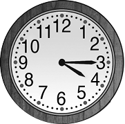 Ilustração. Relógio analógico marcando 4 horas e 15 minutos: ponteiro (menor) das horas marcando próximo do número 4 (entre 4 e 5), e ponteiro (maior) dos minutos mancando o número 3.