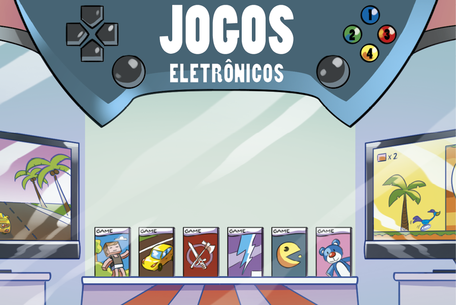 Ilustração. Vitrine de uma loja. Acima há uma placa azul escura no formato de um controle de videogame com botões e  o nome JOGOS eletrônicos. À esquerda há uma TV e à direita há outra TV. No centro um suporte com 6 jogos diferentes.