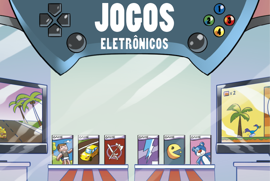 Ilustração. Vitrine de uma loja. Acima há uma placa azul escura no formato de um controle de videogame com botões e  o nome JOGOS eletrônicos. À esquerda há uma TV e à direita há outra TV. No centro dois suportes com 3 jogos diferentes em cada um.