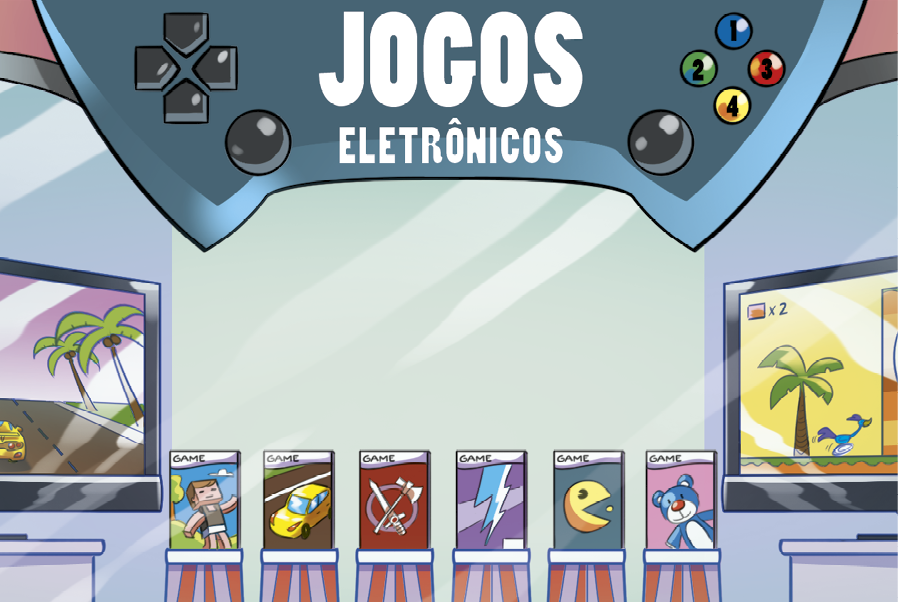 Ilustração. Vitrine de uma loja. Acima há uma placa azul escura no formato de um controle de videogame com botões e  o nome JOGOS eletrônicos. À esquerda há uma TV e à direita há outra TV. No centro seis suportes com um jogo diferente em cada um.