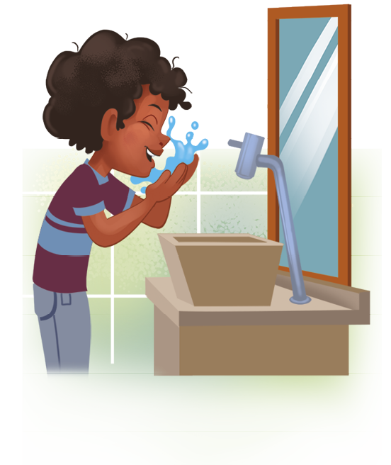 Ilustração: Menino negro de cabelo enrolado, blusa roxa com listras azuis e calça cinza. Ele lava o rosto em um banheiro com a torneira fechada.
