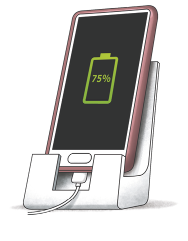 Ilustração. Celular sobre um suporte carregando. Na tela do celular tem um desenho da bateria e a informação de setenta e cinco porcento.