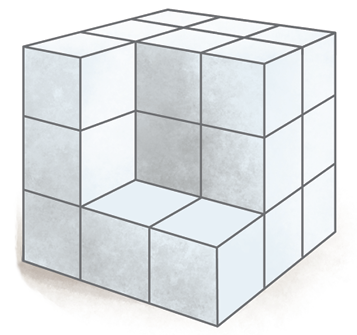Figura geométrica. Empilhamento de cubos cinzas em três camadas. De baixo para cima, a primeira camada é formada por três fileiras de três cubos. A segunda camada é formada por duas fileiras de três cubos e uma fileira de um cubo. A terceira camada é formada por duas fileiras de três cubos e uma fileira de um cubo.