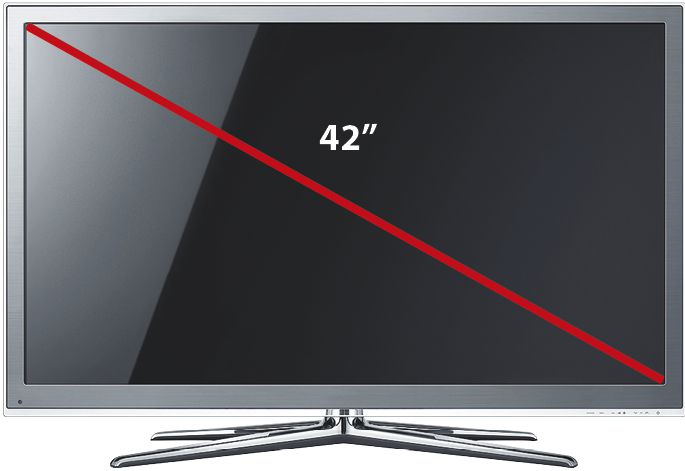 Ilustração. Televisão de tela plana. Na tela há um traço vermelho na diagonal, está escrito 42 polegadas.