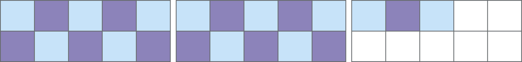Esquema. Retângulo dividido em 10 partes iguais, da esquerda para a direita as 3 primeiras partes estão pintadas de verde. Retângulo dividido em 10 partes quadradas iguais, dispostas em 2 linhas com 5 partes cada. Há 5 partes roxas e 5 partes azuis clara que se intercalam. Retângulo dividido em 10 partes quadradas iguais, dispostas em 2 linhas com 5 partes cada. Na primeira linha há 1 parte roxa e 2 partes azuis clara que se intercalam.