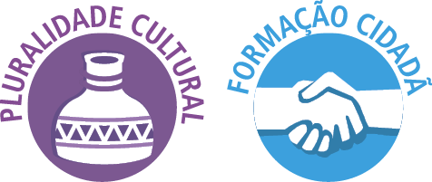 À esquerda, ícone do tema pluralidade cultural e à direita, ícone do tema formação cidadã.