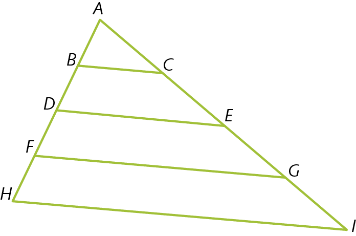 Figura geométrica. Contorno de um triângulo ABC, formado pelos segmentos de reta AB, AC e BC. Prologando o segmento de reta AB é o obtido o segmento de reta AD e prolongando o segmento de reta AC é obtido o segmento de reta AE, os segmentos de reta AD, AE e DE formam o contorno do triângulo ADE. Prologando o segmento de reta AD é o obtido o segmento de reta AF e prolongando o segmento de reta AE é obtido o segmento de reta AG, os segmentos de reta AF, AG e FG formam o contorno do triângulo AFG. Prologando o segmento de reta AF é o obtido o segmento de reta AH e prolongando o segmento de reta AG é obtido o segmento de reta AI, os segmentos de reta AH, AI e HI formam o contorno do triângulo AHI.
