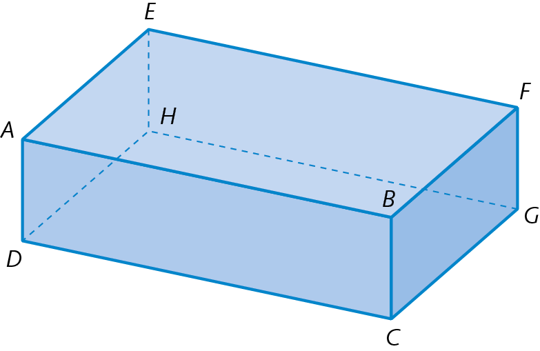Figura geométrica. Representação de um bloco retangular azul. A face superior é representada por um retângulo ABFE e a face inferior é representada por um retângulo DCGH.