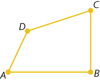 Figura geométrica. Representação do contorno amarelo de um quadrilátero ABCD com pontos em cada vértice.