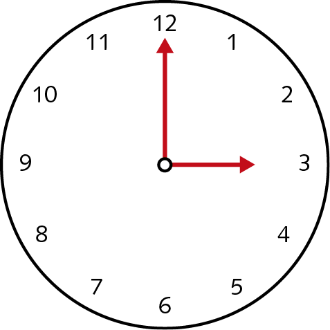 Ilustração. Relógio de ponteiros com formato circular. O ponteiro maior está apontando para o número 12 e o ponteiro menor está apontando para o número 3.