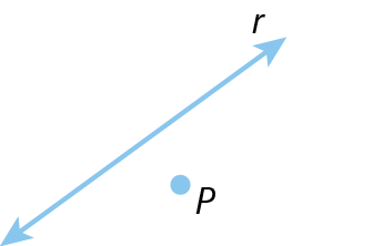 Figura geométrica. Representação de reta azul inclinada r. Um pouco abaixo da reta está representado um ponto azul P.