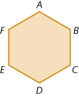 Figura geométrica. Polígono laranja ABCDEF cujo contorno é formado por 6 linhas retas.