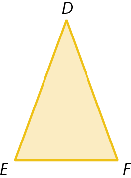 Figura geométrica. Triângulo amarelo DEF com os lados DE e DF de mesma medida de comprimento.