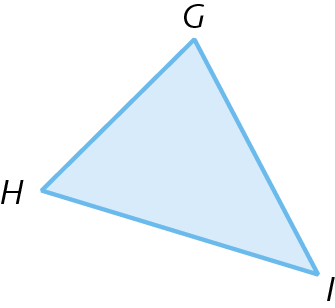 Figura geométrica. Triângulo azul claro GHI com os três lados com medidas de comprimento diferentes.