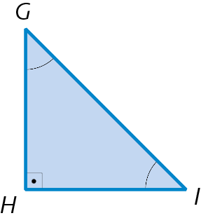Figura geométrica. Triângulo azul GHI, com um arco simples nos ângulos G e I e o símbolo de um contorno de um quadrado com um ponto no meio no vértice H.