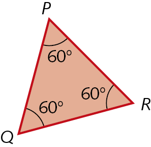 Figura geométrica. Triângulo vermelho PQR, um arco simples em cada ângulo e a indicação de 60 graus em cada um deles.