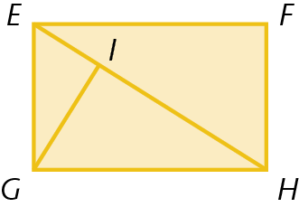 Figura geométrica. Representação de um retângulo amarelo EFGH. Diagonal EH traçada. Saindo do vértice G há um segmento de reta GI, em que o ponto I faz parte da diagonal EH.