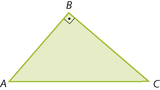 Figura geométrica. Triângulo retângulo verde ABC com símbolo indicando um ângulo de 90 graus no vértice B e dois outros dois sem ângulos indicação.