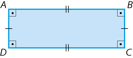 Figura geométrica. Representação de um paralelogramo ABCD azul com 4 ângulos retos. Um par de lados tem um tracinho e o outro tem dois tracinhos, indicando que cada par tem mesma medida de comprimento.
