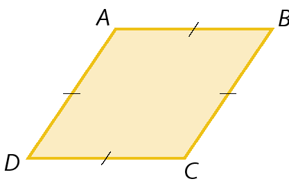 Figura geométrica. Representação de um paralelogramo ABCD azul com 4 ângulos retos. Um par de lados tem um tracinho e o outro tem dois tracinhos, indicando que cada par tem mesma medida de comprimento.