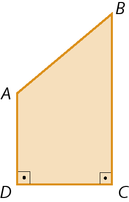 Figura geométrica. Representação de um paralelogramo ABCD alaranjando com apenas um par de lados paralelos, os ângulos C e D estão indicados com o símbolo de ângulo reto. Os lados representados pelos segmentos de reta AD e BC são paralelos.