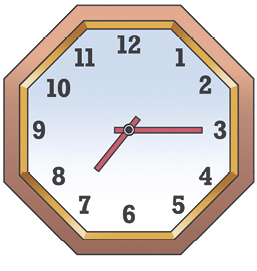 Ilustração. Relógio de ponteiros. O ponteiro maior está no 3 e o ponteiro menor está entre o 7 e o 8.