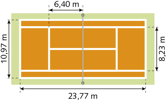 Ilustração. Quadra de tênis com algumas medidas indicadas: 23 vírgula 77 metros de comprimento; 10 vírgula 97 metros de largura para o jogo de duplas; 8 vírgula 23 metros de largura para o jogo de simples; 6 vírgula 40 metros da linha lateral de serviço.