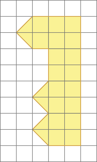 Ilustração. Malha quadriculada com figura composta de 18 quadradinhos e 6 triângulos. Cada triângulo tem metade da área do quadradinho.