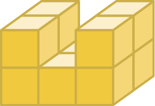 Ilustração. Poliedro que pode ser decomposto em 2 camadas. Primeira camada: bloco retangular de 3 cubinhos por 2 cubinhos por 1 cubinho. Segunda camada: 2 blocos retangulares de 1 cubinho por 2 cubinhos por 1 cubinho.