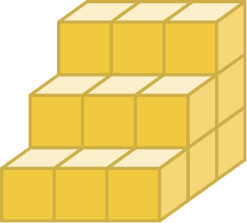 Ilustração. Poliedro parecido com uma escada que pode ser decomposto em 3 camadas. Primeira camada: bloco retangular de 3 cubinhos por 3 cubinhos por 1 cubinho. Segunda camada: bloco retangular de 3 cubinhos por 2 cubinhos por 1 cubinho. Terceira camada: bloco retangular de 3 cubinhos por 1 cubinho por 1 cubinho.
